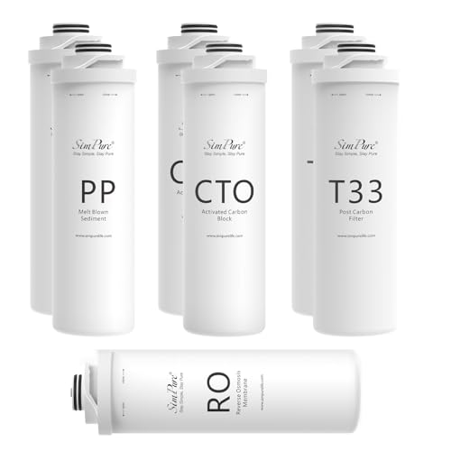 SimPure T1 Series 1-Year Replacement Filter Cartridge Pack Set for Model T1-400UV Tankless Reverse Osmosis Water Filter System (2*PP + 2*CTO + 1*RO + 2*T33)