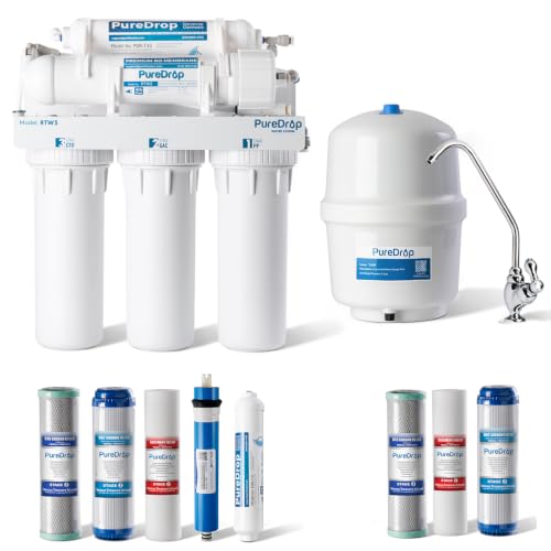PureDrop RTW5 SGS-Tested 5 Stage Reverse Osmosis Water Filter System with Innovative Top-Mounted Faucet Design, TDS Reduction 50 GPD Under Sink RO Water Filtration Plus Extra 3 Filters