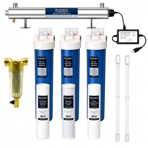 Bluonics Complete Well Water Whole House Water Filtration System 3-Stage with 110W UV 24GPM and One Extra Filters Sets, Activated Carbon Block, Sediment 20mic and 5mic Filters