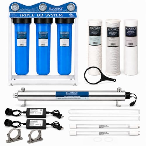 Bluonics 110W Whole House Water Filter System for Well & City Water, 4-Stage Water Filtration System with UV Water Treatment, Triple 20 x 4.5 Sediment & Carbon Filters, 1 Inch MNPT, 24 GPM