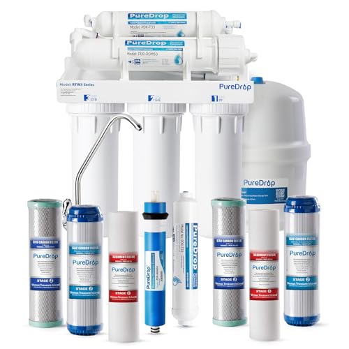 PureDrop RTW5 SGS-Tested 5 Stage Reverse Osmosis Water Filter System with Innovative Top-Mounted Faucet Design, TDS Reduction 50 GPD Under Sink RO Water Filtration Plus Extra 3 Filters