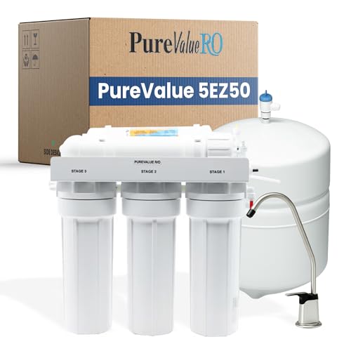PureValue 5EZ50 Reverse Osmosis System - 5-Stage RO Water Filtration System for Under Sink Filter, 50 GPD RO Drinking Water with Dual Carbon Block, Reduces Chlorine, Includes Installation Kit