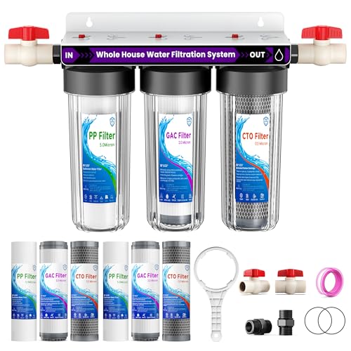 Whole House Water Filter System, 3-Stage Home Water Filtration System, Extra 2 Sets of Filters, 1.5-2 Years Filter Life, Reduce Chlorine Sediment Taste, 3/4" Ports with 2 Valves, for Well & City Water